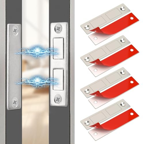 4 Pack Magnetic Door Catch Stainless Steel Self Adhesive Cabinet Magnets | No Drill Strong Magnetic Latches for Kitchen Drawer Cupboard Closure Small Wardrobe Sliding Door Closet Closing Strong