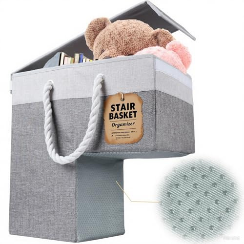 Ecopandy Lightweight L-Shape Large Stairs Basket Flax with lid, Foldable Step Tidy Storage Basket, Ladder Staircase Baskets, Bin for Laundry, Toys, Staircase Storage Basket Organiser, 40 x 25 x 40 cm