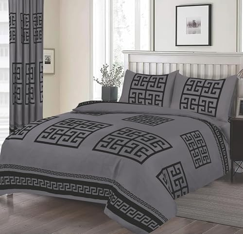 4 Piece Greek Bedding Set Microfiber Duvet Cover Fitted Sheet Pillowcases Sof Durable Bedding (Grey, Double)