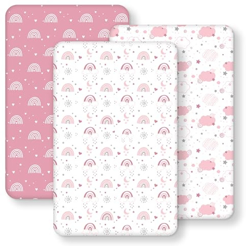 FIEMOL Next to Me Crib Sheets 85x51cm Fitted, 3 Pack Baby Cot Sheets, Ultral Soft & Silky Smooth Microfiber Bedside Crib Fitted Sheets Pink Rainbow