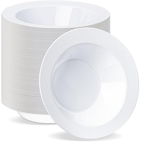 BESTVIP 100 Pack 12 oz White Plastic Bowls, Disposable Soup Bowls, Heavy-duty Dessert Salad Bowl for Christmas, Party, Wedding, Dinner, Catering