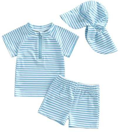 Baby Boy Swimsuit 3 6 12 18 24M Swim Shirt Swim Shorts Set with Hat Bathing Suit Beachwear Toddler Boy Swimwear Rash Guard Set 2T 3T 4T (Blue, 12-18 Months)