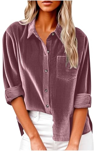 Camisas Mujer Manga Larga,Camiseta de Pana Cuello Solapa con Bolsillo Moda Color Sólido Elegante Suelto Tops Casual Fiesta Shirt Camisa Original Otoño e Invierno Basic tee Jersey 2025