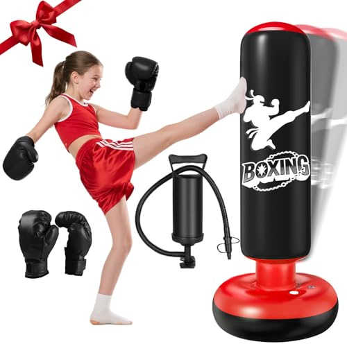 Saco de Boxeo Niños 160cm Bolsa De Boxeo Inflable con Guantes de Boxeo y Bomba Punching Ball Estable para Niños 3-12 años Rebote Inmediato para Practicar MMA Taekwondo Negro y Rojo