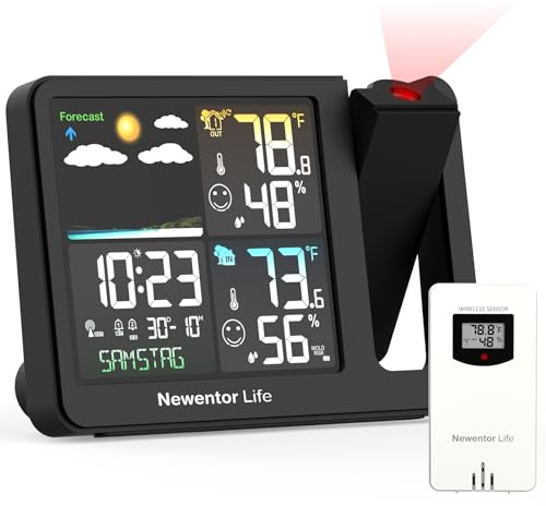 Newentor Projection Alarm Clock, Projection Clock for Bedroom Ceiling, Weather Station Thermometer with Projector Indoor Outdoor TEM&Hum, Forecast, Adjustable Backlight, Black with Red Projector