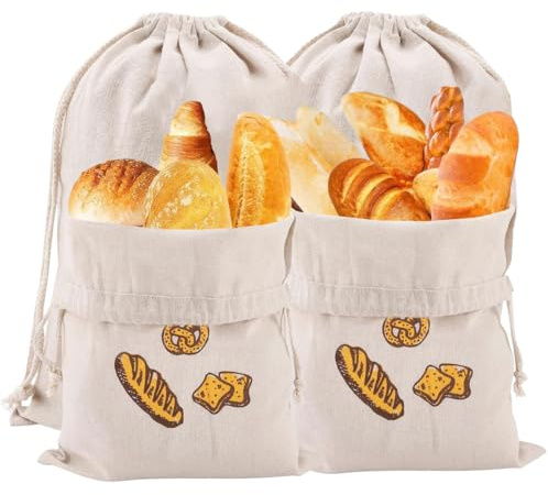 Jyongrmy 4 Piezas Bolsa Pan Reutilizables, Multifuncional Bolsas Almacenamiento Pan, Bolsa de Pan de Algodón con Cordón para Mantener Fresco, Baguette, Frutas y Verduras