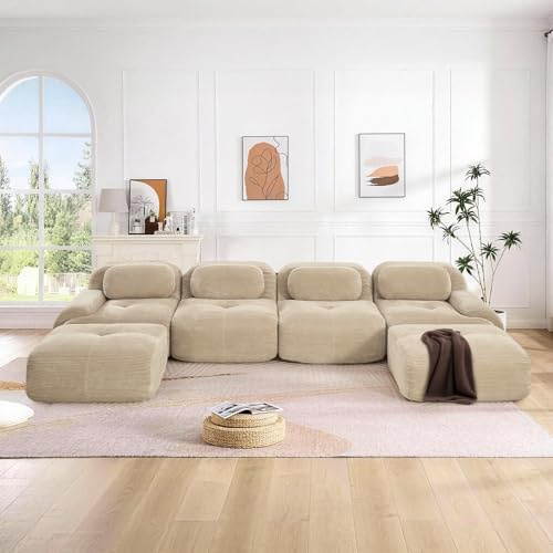 SoarFlash Sofá Moderno Modular, Tela côtelé, Asiento Profundo + reposabrazos Anchos, sin Necesidad de ensamblaje, sofá 4 plazas Tipo U, Beige