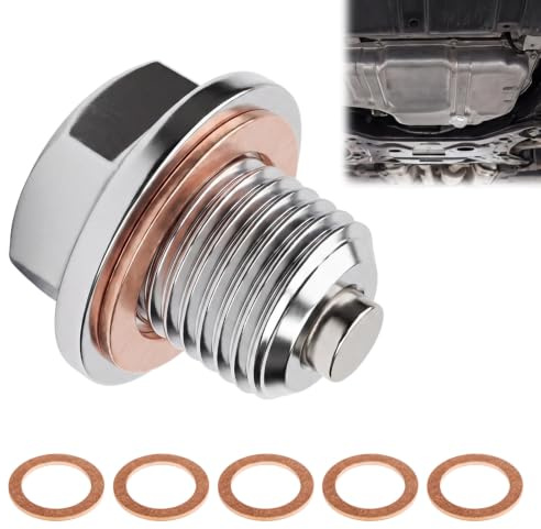 M14x1.5 Magnetic Oil Drain Plug, Universal Replacement Leakproof Sump Plug | Stainless Steel Sump Drain Nut Bolt with 5 Copper Crush Washers, Sump Plug for Most Car Model Motorcycle Engine