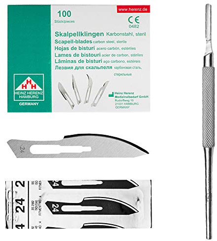 Set avec 100 x lames de scalpel N° 24 - Lame stérile en acier au carbone et 1 x May - manche de scalpel Figure N° 4 avec manche rond en acier inoxydable
