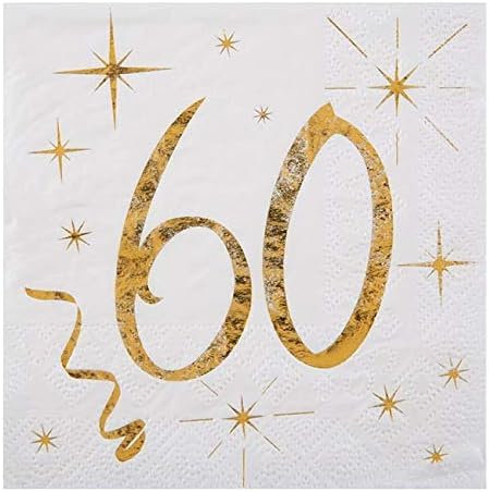 Geburtstags-Servietten 60 zum 60. Geburtstag in weiß & metallic-gold Cocktail-Größe / Geburtstags-Deko Geburtstags-Feier Tisch-Dekoration 60. Geburtstag Mann & Frau Runder Geburtstag 40 Servietten