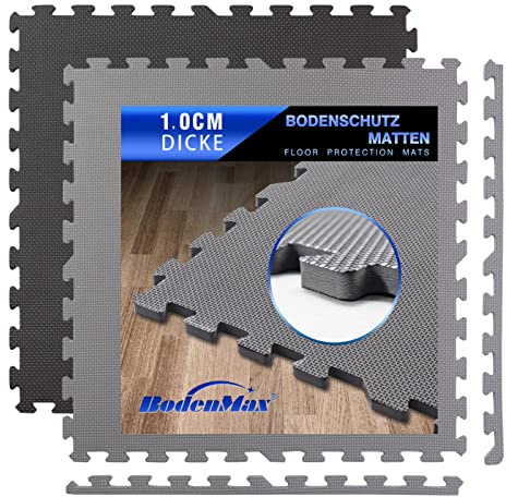 Bodenschutzmatte 60x60x1cm – Eva Puzzlematte für Fitness, Heimtraining & Pool – strukturierte Oberfläche, stoßdämpfend – 12/48 Teile – Sportmatte, Turnmatte, Unterlegmatte Grau & Schwarz