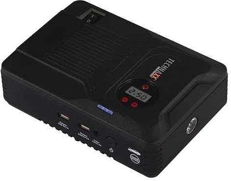 Technaxx 4 in 1 Multifunctional Car Jump Starter Power Pack (Gas Up to 4,0L / Diesel up to 3,0L), 3,5 Bar Air Compressor, Power Bank, LED Flashlight TX-219-14000 mAh Battery, 2x USB-A Charger