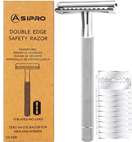 ASIPRO Rasoio di Sicurezza Uomo e Donna con 10 Lamette Rasoio Sicurezza Manico Lungo Senza Plastica Acciaio Rasoio Barba Manuale Safety Razor Rasoio Monolama Metallo Rasoio Classico Doppia Lama