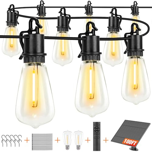 Solar String Lights Outdoor Waterproof 100ft with 52 Shatterproof,Solar Lights Outdoor Remote ST38 Vintage Edison Bulbs,Salor Ourdoor Light Hanging Lights Waterproof for Outside Backyard