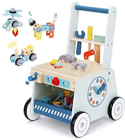 2-in-1 Baby Push Walker - Wooden Push Walker and Tool Toy for Babies - Toddler Learning Activity Walker for Girls Boys 1-3 Years - Educational and Sturdy Construction