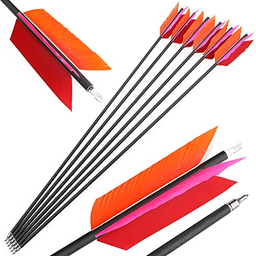 HNZMDY 6/12pcs Bogenschießen Jagd Pfeile 30 Zoll Flu-Flu Pfeile Carbon Pfeile Spine 500 mit 4 Türkei Federn Bogenpfeile für Kleinwild Jagd Schießen (12, Rosa Orange, 30 Zoll)