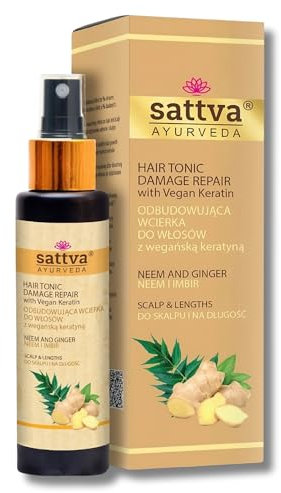 Sattva Ayurveda Haartonikum Neem & Ingwer – Veganes Keratin-Tonikum für Haarwachstum & Reparatur – Kopfhautpflege gegen Haarausfall & Schuppen – Ohne Alkohol – Dermatologisch getestet – 100 ml
