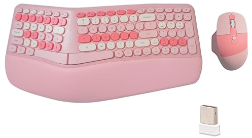 Wireless Ergonomic Keyboard and Mouse Combo with PU Wrist Rest, Carpal Tunnel Keyboard, 2.4G Colorful Split Ergo Keyboard, Comfortable Natural Typing, Compatible with PC/Laptop (Pink)