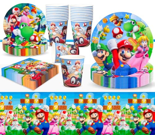 51 Stück Super Bro Partygeschirr Set, Super Bro Geburtstagsdeko Set Kindergeburtstag Deko Party Supplies mit Pappteller, Tasse, Tischdecke, Servietten, Party Dekoration für 10 Gäste