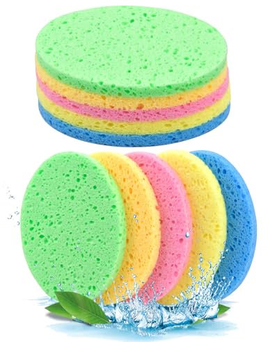 10 Pièces Éponge Nettoyante Visage, Éponge Démaquillage Réutilisable, Éponge Visage en Cellulose Naturelle pour Visage Profondeur Nettoyage, Massage, Exfoliant（5 Couleurs） (Rond)