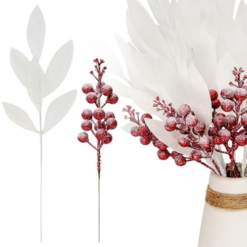 12 Pcs Artificial Christmas Glitter Leaves with 6 Pcs Snowy Red Berry Picks, Shiny Christmas Foliage Christmas Holly Berries Sparkling Artificial Red Berry for Xmas Tree Wreath DIY Craft Decoration
