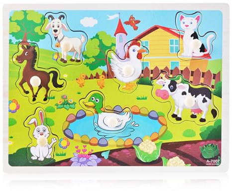 Tiere aus Holz Steckpuzzle, 1 Stück Kinder Holzpuzzle, Spielzeug in Form eines Steckspiel- 7 Teile, Holzspielzeug ab 1 Jahr mit Tieren vom Bauernhof, Steckpuzzle Geschenk für Mädchen and Junge