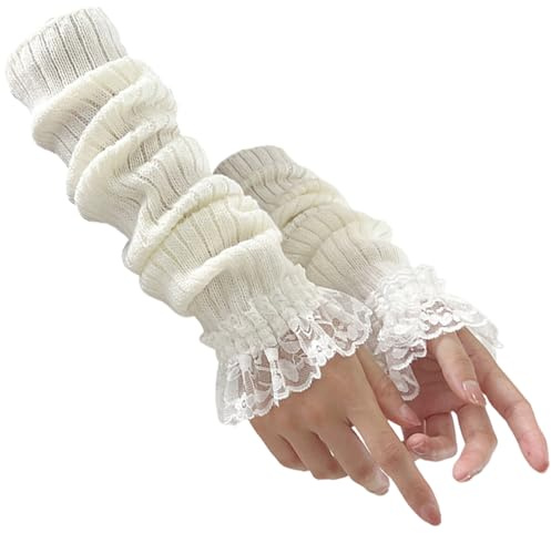 Peosaard stickade armvärmare, Kawaii stickade handledsvärmare med spets, lång japansk Harajuku gotisk fingerlös ärm för gotisk, JK-uniform och Lolita-kläder/17,7, Vitt, White