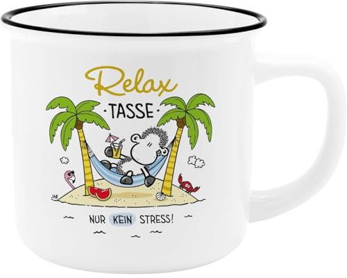 Sheepworld Tasse mit Spruch Relax | Becher mit schwarzem Trinkrand, 35 cl, Höhe 8,4 cm | lustiges Geschenk, für Freunde | 74123