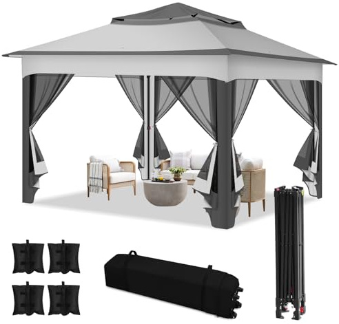 Fiqops Pavillon 3x3m Wasserdicht Stabil, GartenPavillion Doppeldach Pavillon, Metallrahmen Pavillon, Plane Partyzelt Gazebo für 2-4 Personen, Beige