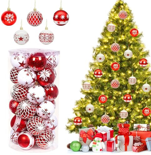 Forbabe 30 Stück Weihnachtskugeln Rot Weiß ∅6 cm Kunststoff Christbaumkugeln mit Aufhänger Wiederverwendbar Glitzernde Baumkugeln Weihnachtsbaumschmuck