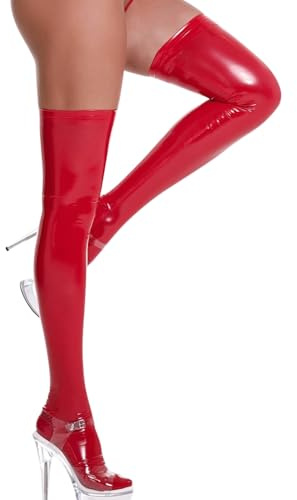 Donna Overknees Calze Vernice Autoreggenti Wetlook Calzini Sexy Lucidi Calza Coscia Collant Cosplay Lingerie Stockings per Halloween Discoteca Festa Clubwear (IT, Testo, S, Regular, Regular, Rosso)