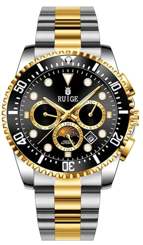 RUIGE Multifunctional Men's Fully Automatic Mechanical Watch Stainless Steel Three Eye six Needle Men's Night Light Waterproof Fashion Trend Business Watch A10 (Black)