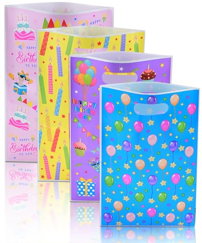 Lot de 100 Sacs Cadeau Anniversaire Enfant, Sachets Bonbon Anniversaire avec Poignées pour Garçons et Filles, Pochette Cadeau pour Fête, Noël, Mariage, Baptême, Faveur, Goodie Bag (4 Couleurs)