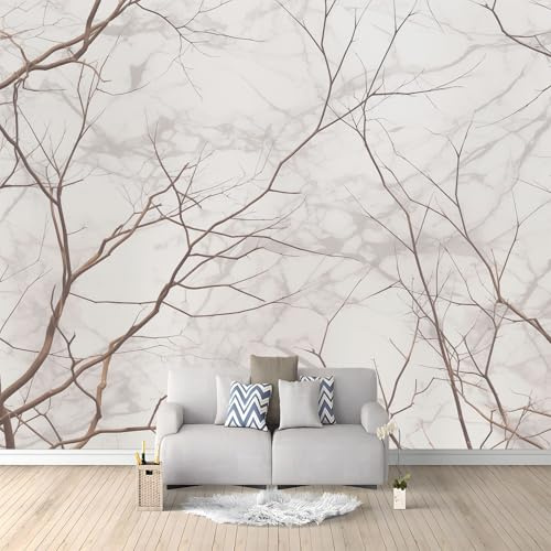 Papel Pintado Efecto 3D, Gris Claro Papel Pintado FotografíA Mural con Simple Planta Rama De Árbol Motivo, 250 x 175 cm Moderna Murales Decoración para SalóN Dormitorio Oficina