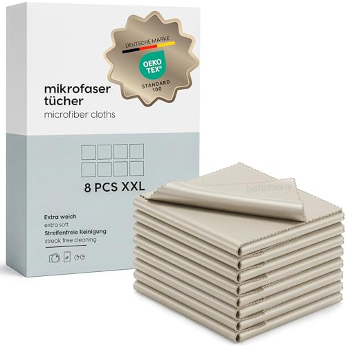 Bellphany XXL 8er Set Premium Brillenputztücher Mikrofaser - 30 x 30 cm Mikrofasertücher Brillenputztuch in Optikerqualität, Taupe