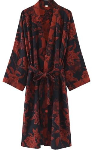 HiyyFloy Kimono av 100% Bomullsgaze med Blommigt Mönster, Lång och Rymlig Badrock, Nattklänning, Nattklädsel för Kvinnor