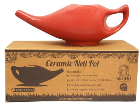 Ancient IMPEX Ceramic Neti Pot 250 Ml (Red Crackle) with 5 Sachets Neti Salt | Natural Remedy for Allergy Relief, Sinus & Nasal Hygiene | Ayurvedic Nasal Rinse Pot