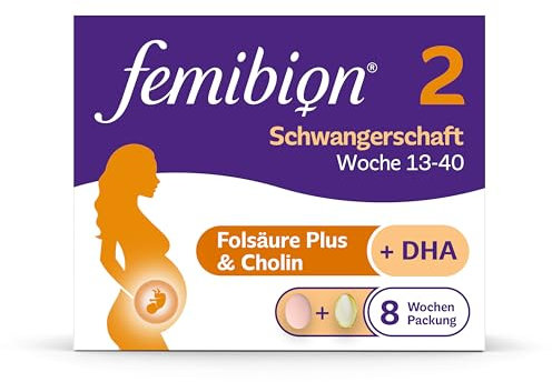 Femibion 2 Schwangerschaft, Tägliches Nahrungsergänzungsmittel für SSW 13-40, Mit Folsäure Plus(*3), Cholin, DHA, 8-Wochen-Pack, 2x 56 Stück
