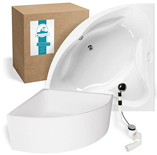 Calmwaters® Eckbadewanne Komplettset 140x140 cm mit Wannenträger & Ablaufgarnitur, Acrylwanne Original, Duowanne für 2, Sitzbadewanne, Set Badewanne komplett, Eckwanne 140 x 140, Weiß, 99000089