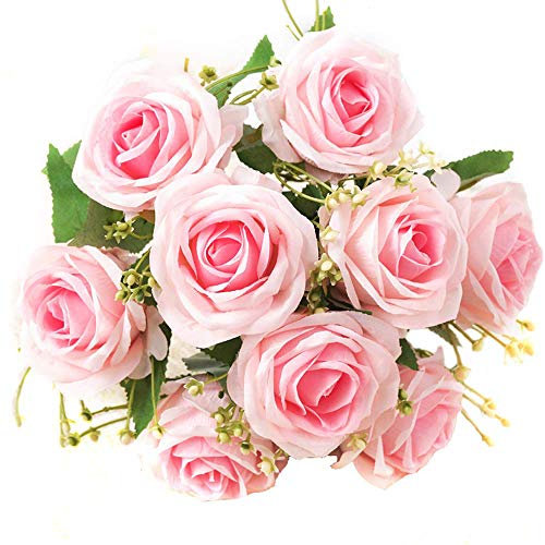 Amasawa Bouquet di Rose Artificiali in Seta a 9 Teste, Bouquet da Sposa per Damigella D'onore, per Decorazioni per Feste di Nozze nel Giardino di Casa (Rosa Chiaro)