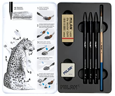 MILAN Metalldose mit 3 Graphit-Bleistiften (HB, 4B und 8B) 1 Anspitzer Afilo 1 The Master Gum 1 Pinsel, 07168103C