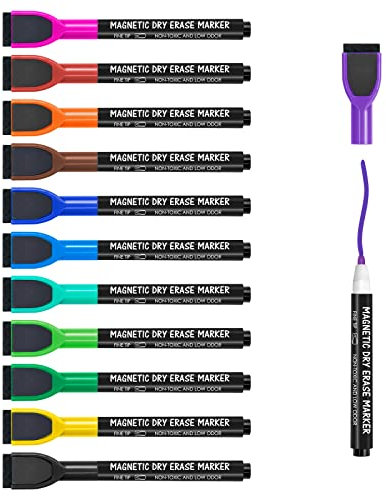 maxtek Magnetic Whiteboard Pens Markers, 12 Colours Fine Tip White Board Markers Erasable with Eraser for Kids, Low Odour Thin Dry Wipe Pens (Pack of 12)