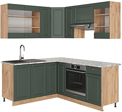 Vicco Eckküche Fame-Line, Grün-Gold Landhaus/Goldkraft Eiche, 160 x 190 cm ohne Arbeitsplatte