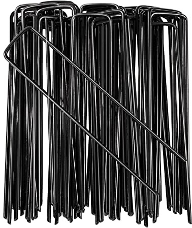 AGAKY 50pcs Grapas Cesped Artificial,Piquetas Camping de Acero al Carbono,Clavos Cesped Artificial Negras,Piquetas Jardin para Asegurar Manta Antihierba,Carpa,Vallas,Césped Artificial,150x30mm,Ø 3mm