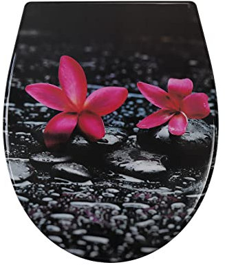 Fanmitrk Toilettendeckel, WC Sitz mit Absenkautomatik, Klodeckel mit Schnellverschluss, Duroplast Toilettensitz mit Motiv, Klobrille Montage von oben, O Form (Rote Blume)