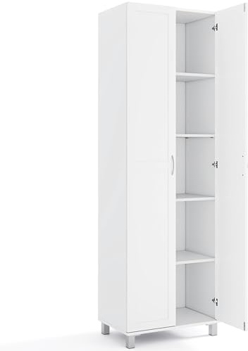 TANGZON 187cm Tall Kitchen Cupboard, 2-Door Freestanding Pantry Cabinet with Adjustable Shelf & Anti-toppling Device, Wooden Storage Cabinet for Home Kitchen Dining Living Room (White)