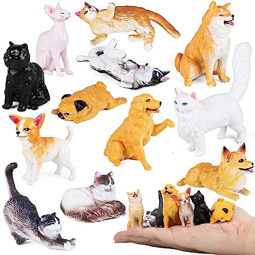 12 Stück kleine Hunde und Katzenfiguren für Kinder – Welpen-Spielzeugfiguren mit Golden Retriever, Husky, Mops, Kurzhaarkatze, Kuchendekoration, Weihnachts und Geburtstagsgeschenk für Kleinkinder