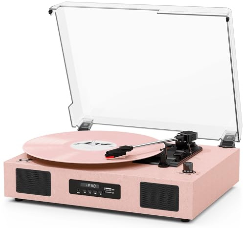 Vinylskivspelare vintage trådlös Bluetooth-skivspelare med förbättrade högtalare, USB-inspelning, LP-spelare med 3-växlad remdrift skivspelare stöder RCA Line-Out AUX-ingång EQ, rosa