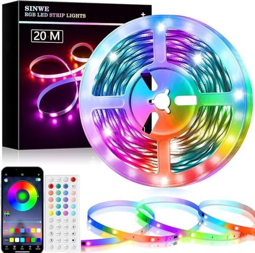 SINWE 65.6FT(20M) LED Strip Lights with App Control, Remote and Music Sync | Indoor color-changing light strips with app and 44-key remote, music sync, timer, adjustable brightness and scene modes.
