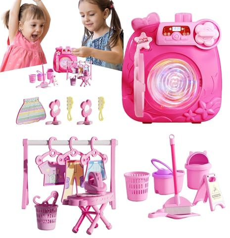 Spielwäscheset für Kinder, Kinderwaschmaschine - Puppenhaus-Waschmaschinenspielzeug,Waschmaschinen-Wäschespielzeug-Set, Kinderwaschmaschine und Trockner, Mädchenspielzeug für Kinder, Mädchen und
